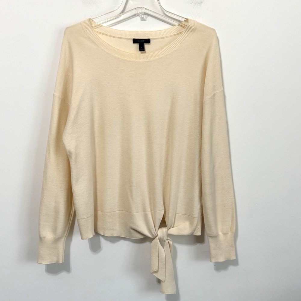 J Crew Tie Front‎ Sweater M Cream Long Sleeve Pullover Casual Knit Preppy FLAW